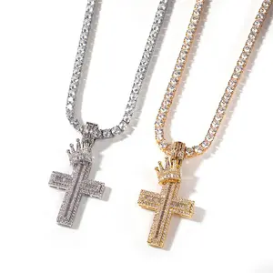 New Hip Hop Jewelry Crown Cross Pendant Necklace for Men Women with Chain Gold Filled Micro Pave CZ Zricon Bling Necklace Rapper Accessories