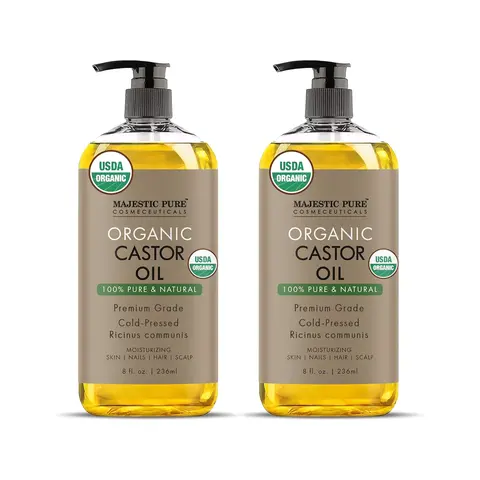 Majestic Pure USDA Certified Organic Castor Oil Duo - Cold Pressed, Hexane-Free, 8 fl oz Organic Haircare - Nourishing, Moisturize, Strengthen; Apply Topically for Hair & Skin, Pure Unrefined Body & Massage Oil