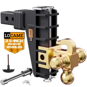 LOCAME Adjustable Trailer Hitch with Hook, Tri-Ball (1-7/8", 2", 2-5/16") Drop Hitch, Fits 2.5 Inch Receiver, 6" Drop Down Hitch, 18,500 LBS Heavy Duty Truck, Solid Ball Mount, Gold
