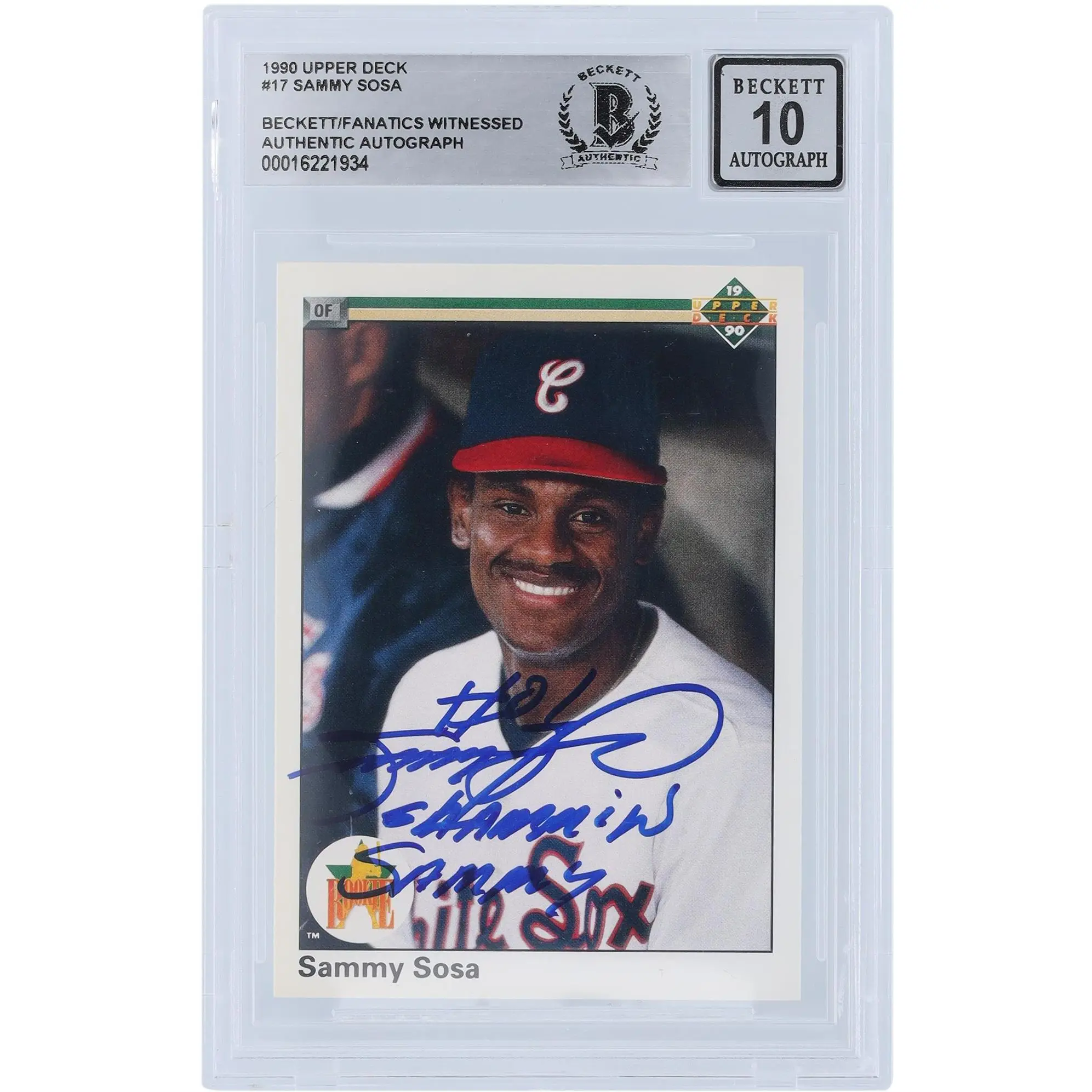 Sammy Sosa Chicago White Sox Autographed 1990 Upper Deck Series 1 #17 Beckett Fanatics Witnessed Authenticated 10 Rookie Card with "Slammin Sammy" Inscription - Fanatics Authentic Certified