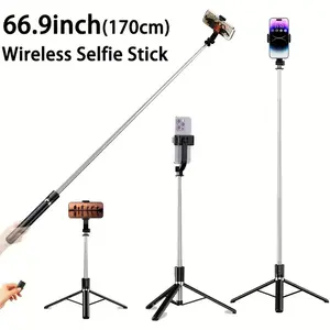 68 inch Retractable Selfie Stick Professional floor tripod for live streaming, with wireless remote, 360° rotation, stable anti-shake design. Ideal for travel vlogs & outdoor live streaming. Compatible with iPhone/Android smartphones