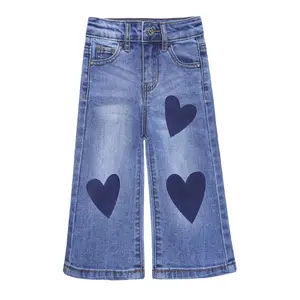 18M-5T Little Girl Kids Jeans, Simple Design Wide Leg Flared Hem Denim Pants