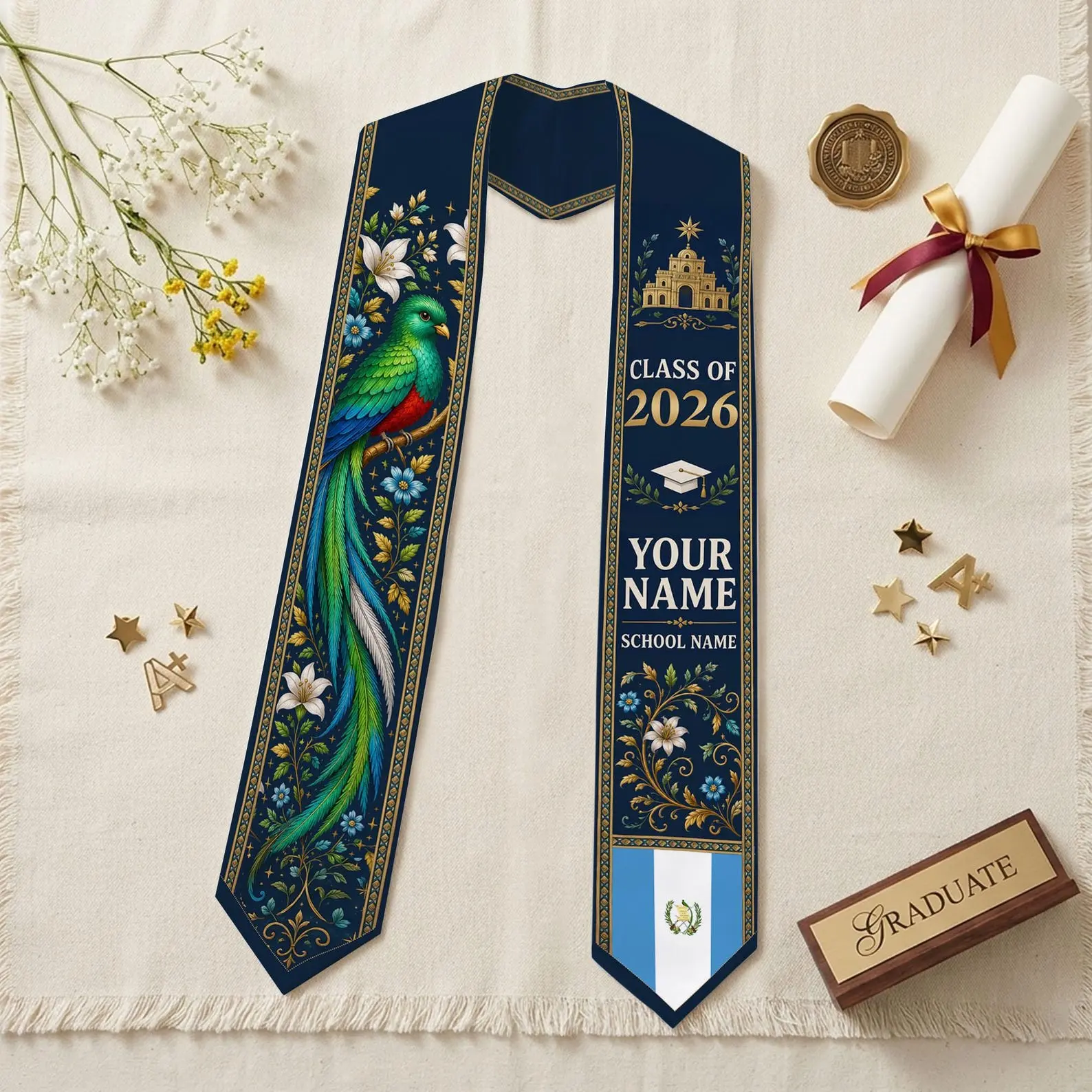Custom Guatemala Graduation Stole 2026, Blue Quetzal Flag Sash, Personalized Name Heritage Senior Gift