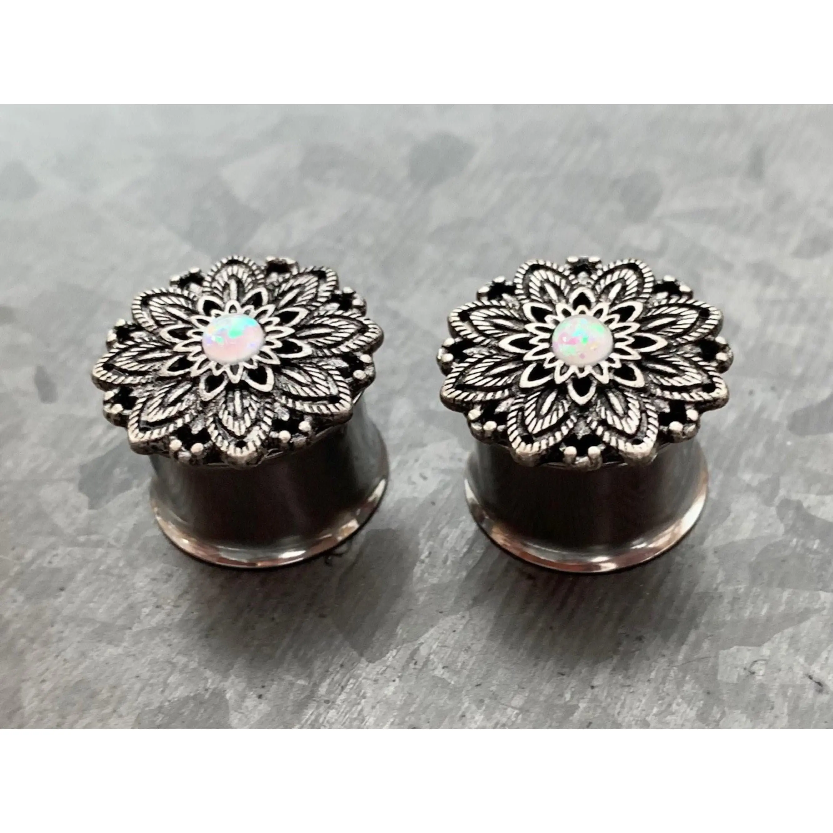 PAIR of Stunning Antique Silver Lotus with Opal Center Surgical Steel Double Flare Tunnels - Gauges 2g (6mm) thru 5/8" (16mm)