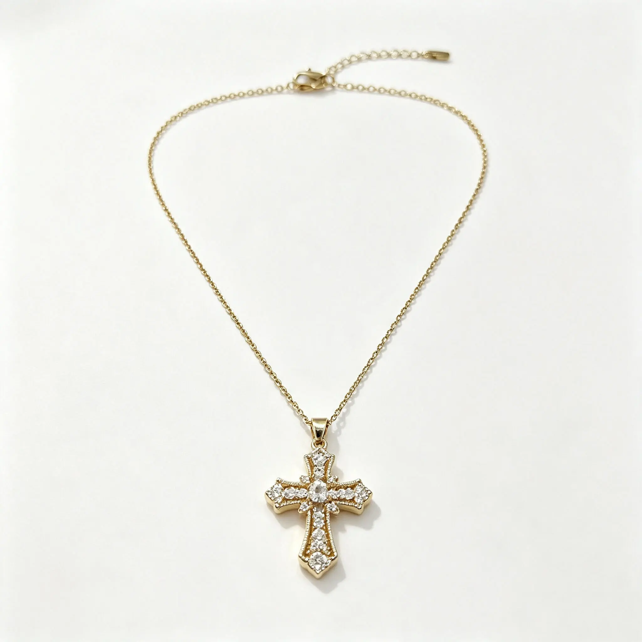 Gold Plated Titanium Steel Cross Necklace for Women, Vintage Hollow Border Inlaid Cubic Zirconia Cross Pendant, Adjustable Thin O Link Chain Hypoallergenic Faith Jewelry, Birthday Anniversary Gift for Her