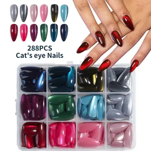 288pcs Autumn Winter New Year Almond Nail Set, 12 Colors Starry Cat Eye Combo, Full Coverage Removable Press-On Nails for Women Girls