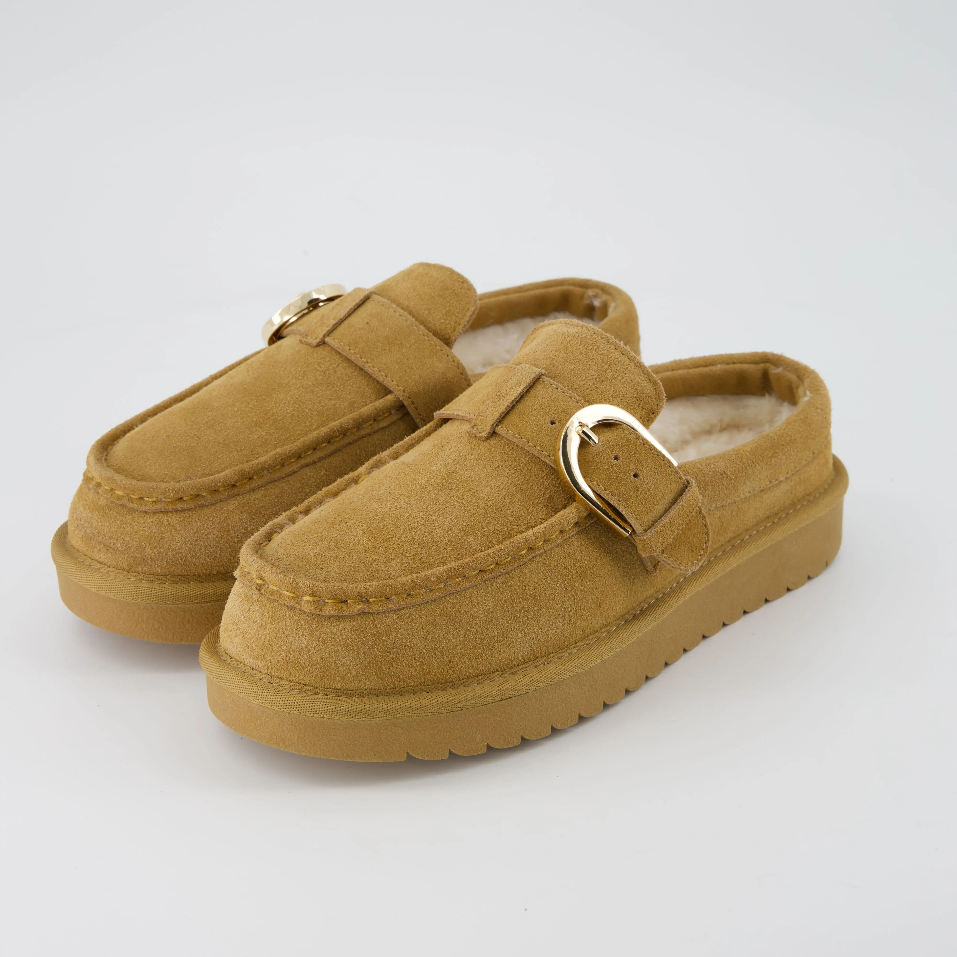 Cushionaire Origin Cozy Genuine Suede Loafer Slippers for Women - Leather Slip-On Moc Toe Clogs with Adjustable Buckle and Faux Fur Lining, Memory Foam Cushioned Slippers for Women
