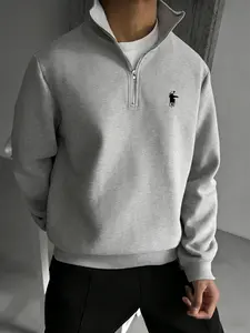 Men's Half-Zip Hoodie with Horse Knight Logo, Casual Geometric Print, Loose-Fit Long Sleeve Fleece, Spring & Fall Fashion, Casual Loose Sweatshirt