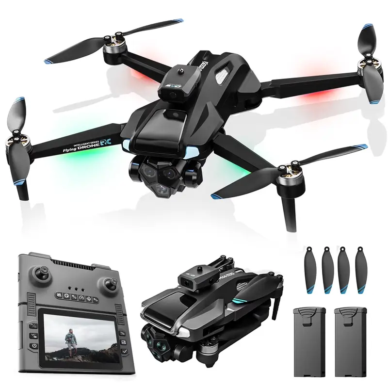 Holy Stone Plastic Dual Camera Drone Bundle Set for Beginners - Rechargeable, 2 Batteries, 4.3in Foldable HD Screen Controller, 1080P HD Camera, 360° Obstacle Avoidance, Optical Flow, Brushless Motor, 40-min Flight, Micro SD Support, Easy to Fly