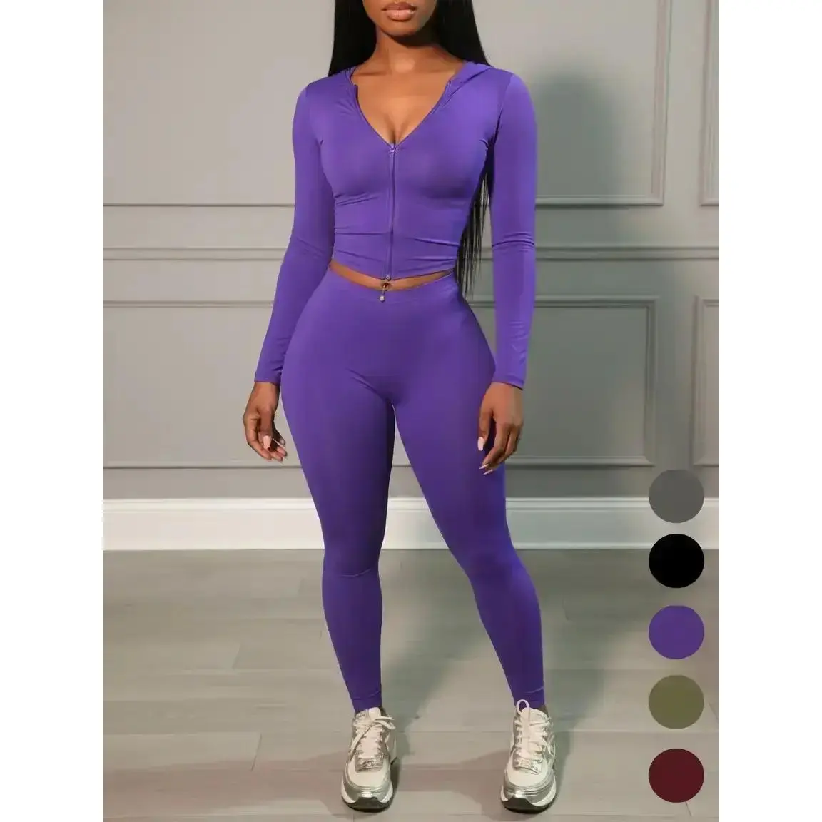 Women's Solid Color Zip Up Crop Top & High Waist Leggings Two-piece Set, Elegant Fashion Casual V Neck Long Sleeve Top & Skinny Pants for Daily Outdoor Wear, Women's Clothing for Fall & Winter, Fit, Womenswear