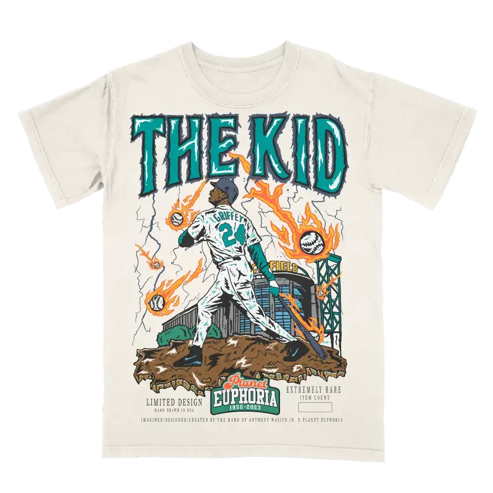 Men's Ken Griffey Jr. "The Kid" 90s Vintage MLB Mariners Graphic T-Shirt, Baggy Oversized Washed Cotton Shortsleeve, Casual Wear, Comfortable Everyday Fan Tee, Fit, Loose, Soft, Streetwear, Tops
