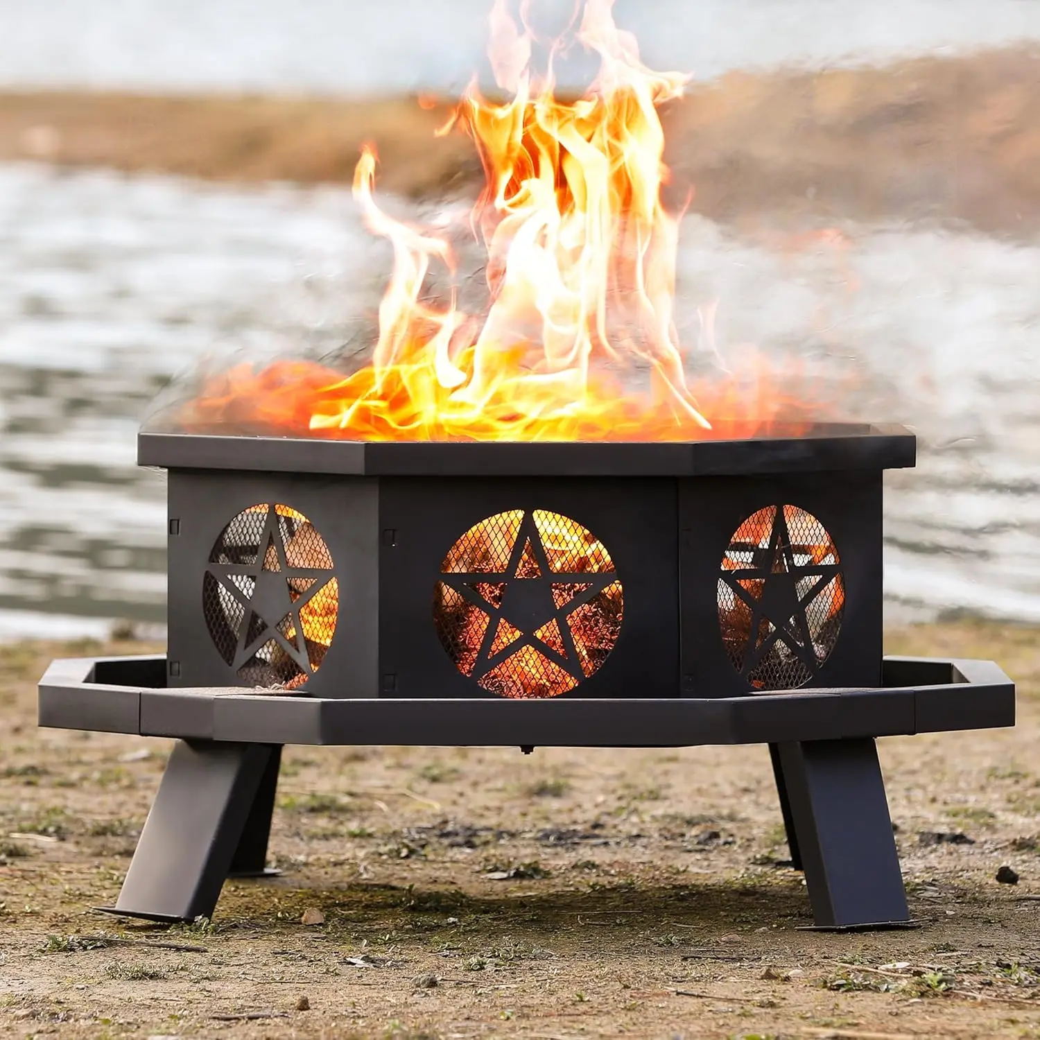 FORIOUS 43 inch Fire Pit, Outdoor Fire Pit Wood Burning Fire Pits with Cooking Grill, Large Firepits for Outside Octagonal Heavy Duty Firepit with Poker for Bonfire, Backyard, Patio, Picnic, Camping homeessentials