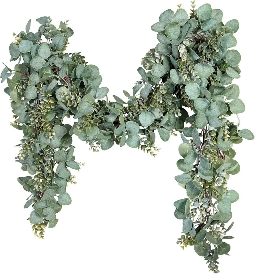 Ouddy Decor Eucalyptus Garland Decor 6.56 Ft Lush Silver Dollar Leaves Boxwood Artificial Faux Greenery Vines for Baby Shower Wedding Party Table Runner Room Home Mantle Decor