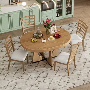 5-Piece Round Extendable Dining Table Set for 4, Retro Kitchen Table with 16" Removable Leaf & Unique Geometric Design, Dining Chairs Included for Kitchen or Dining Room