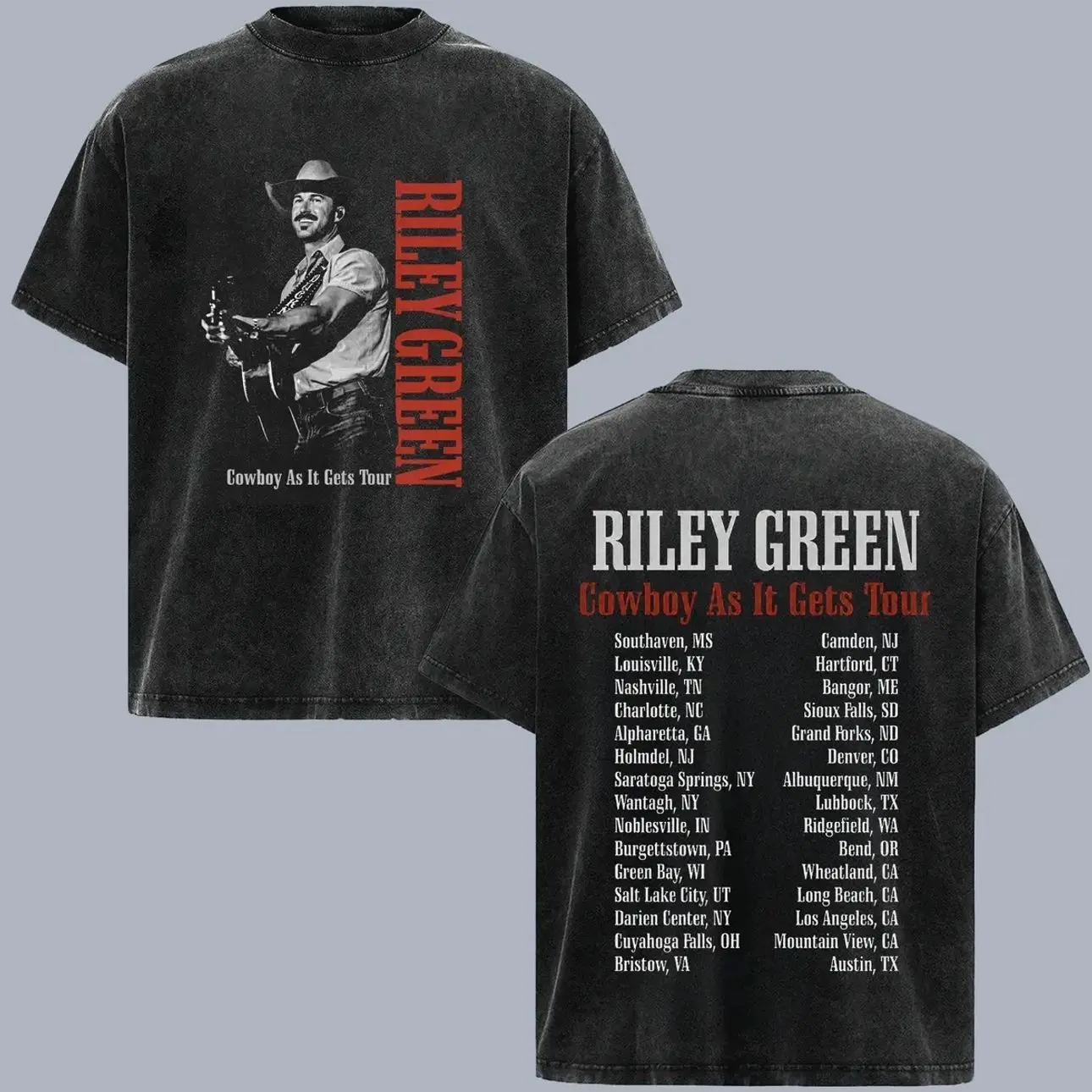 Riley Green Cowboy As It Gets Tour Vintage Washed T Shirt, Double Sided Country Music Concert Tee, Tour Dates Graphic Shirt, Western Cowboy Nashville Style Apparel, Oversized Heavyweight Unisex Country Fan Gift G04