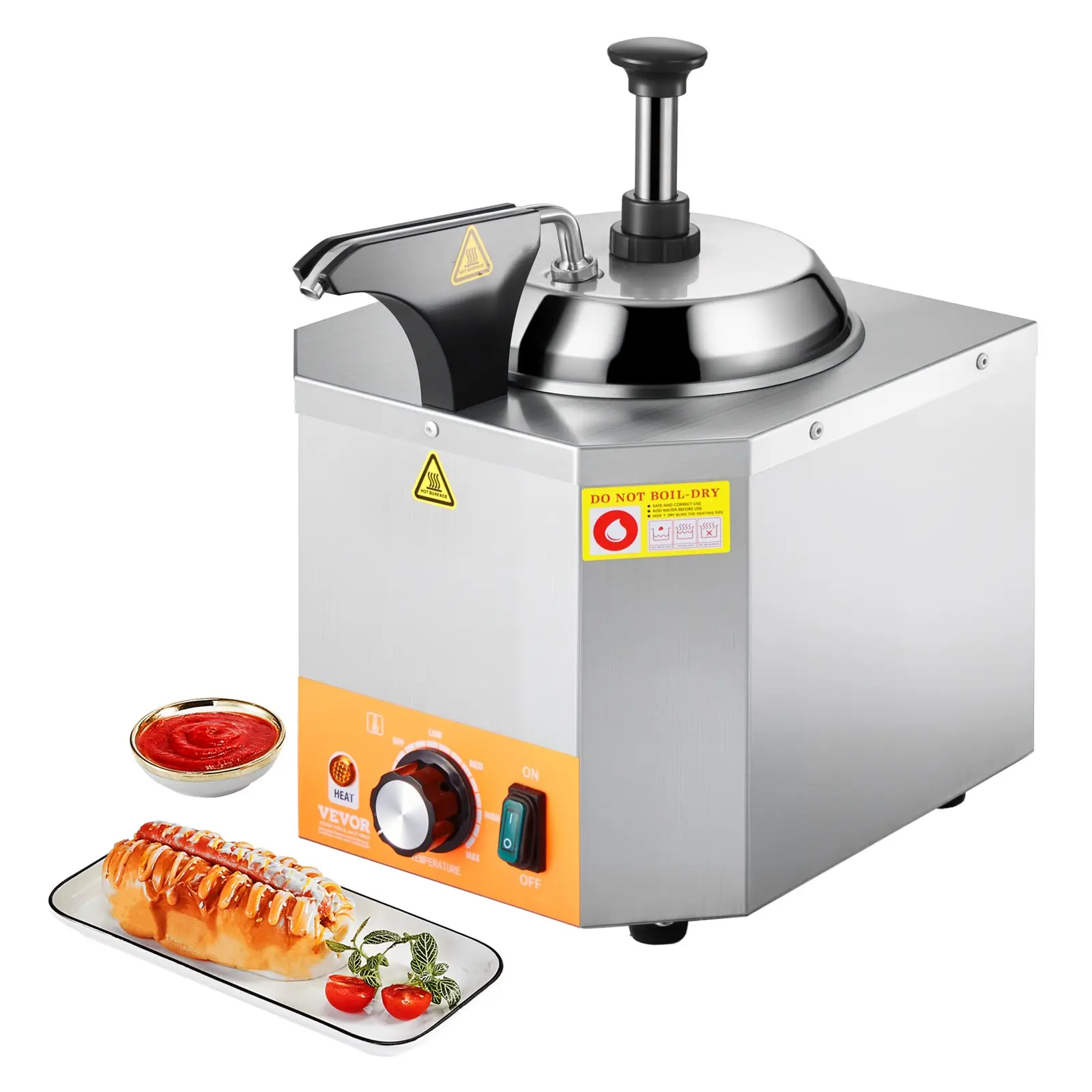 VEVOR 2.4L Stainless Steel Electric Cheese Dispenser with Pump, 450W Commercial Temp-Adjust Machine, 86-230℉ Consistent Temp Setting, Dry Burn Guard, 260x330x370mm, 4.75kg/10.5lbs, AC110V-120V, for Snack Bars, Canteens, Stainless Steel Machine