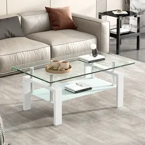 Tempered Glass Coffee Table 2 Layers Tea Table 39.37x23.62x17.32 Inches 8mm Top 5mm Shelf Modern Design