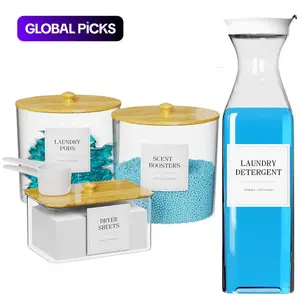 4 Pack Laundry Pods Containers & Dryer Sheet Holder & Laundry Detergent Dispenser, Laundry Essentials Organizer, Laundry Room Storage Organizer Jars with Wooden Lids, Labels and Scoops for Scent Booster, Powder, Pods