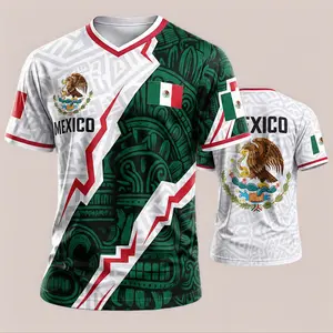 Patriotic Mexican Inspired Soccer Jersey, Eagle, Aztec & Flag Print V-Neck T-Shirt, Lightweight Casual Top for Sports Enthusiasts and Fans