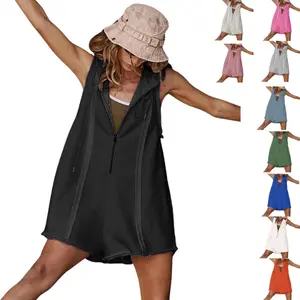 UANEO Women's Short Half Zipper Sports Jumpsuit for Fitness Outdoor Leisure Sleeveless Loose Hoodie For Women