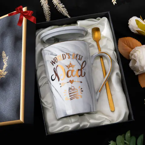 14oz Patterned Marble Ceramic Coffee Mug - Reusable, Washable, Gold Accents, Lid+Spoon, Moisture-Safe Box - Dad Christmas Gift, Festive Home & Party Supplies