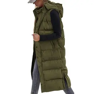 Women's Long Puffer Vest with Quilted Hood and Button Down Closure Winter Coat 2025 - Tops, Womenswear