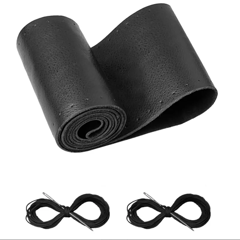Leather Steering Wheel Cover Lace Up, Stitch on Steering Wheel Wrap, Universal Fit 13-20 Inch Car Truck Pickup Boat, A Whole Piece of Cowhide, DIY w/Needle Thread (Size M4, Black )
