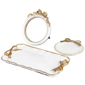 Perfume Vanity Tray Coquette Decor - 3 Pcs Decorative Perfume Tray Set, Jewelry Tray & Bow Makeup Mirror & Vanity Tray, Gold Perfume Tray Organizers, Coquette Vintage Decor for Room Bathroom, White