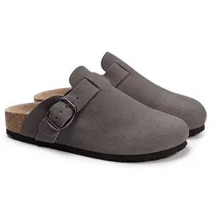 Men's Fashion Suede Leather Clogs, Retro Round Head Cork Footbed, Adjustable Strap Outdoor Shoes, Size 7-14