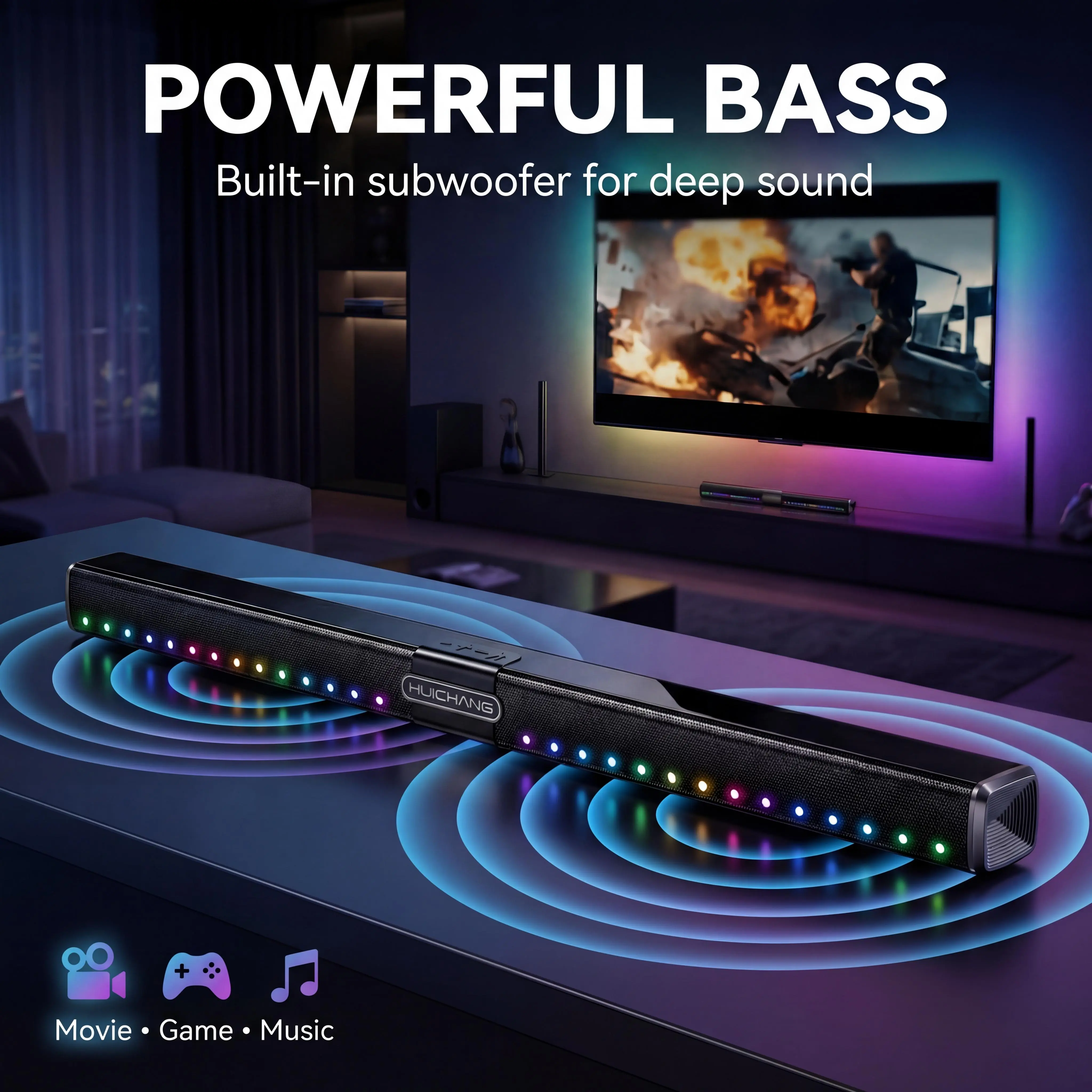 HUICHANG 10-Speaker RGB Soundbar – Wireless Bluetooth 5.3 Slim 34.6” Design, 300W Peak Power, Deep 9D Bass, TWS Stereo, Piano Black Finish, AUX/USB/Coaxial Inputs, Perfect for Home Theater, TV, Gaming & Party Smartphone Audio