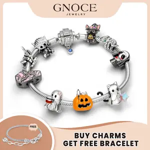 GNOCE Halloween S925 Charm Bead for Bracelets Cubic Zirconia & Enamel Pumpkin Skull Coffin Cat Ghost Beads for Women Girls Dark Gothic Punk Style Fits Snake Bracelets Necklaces