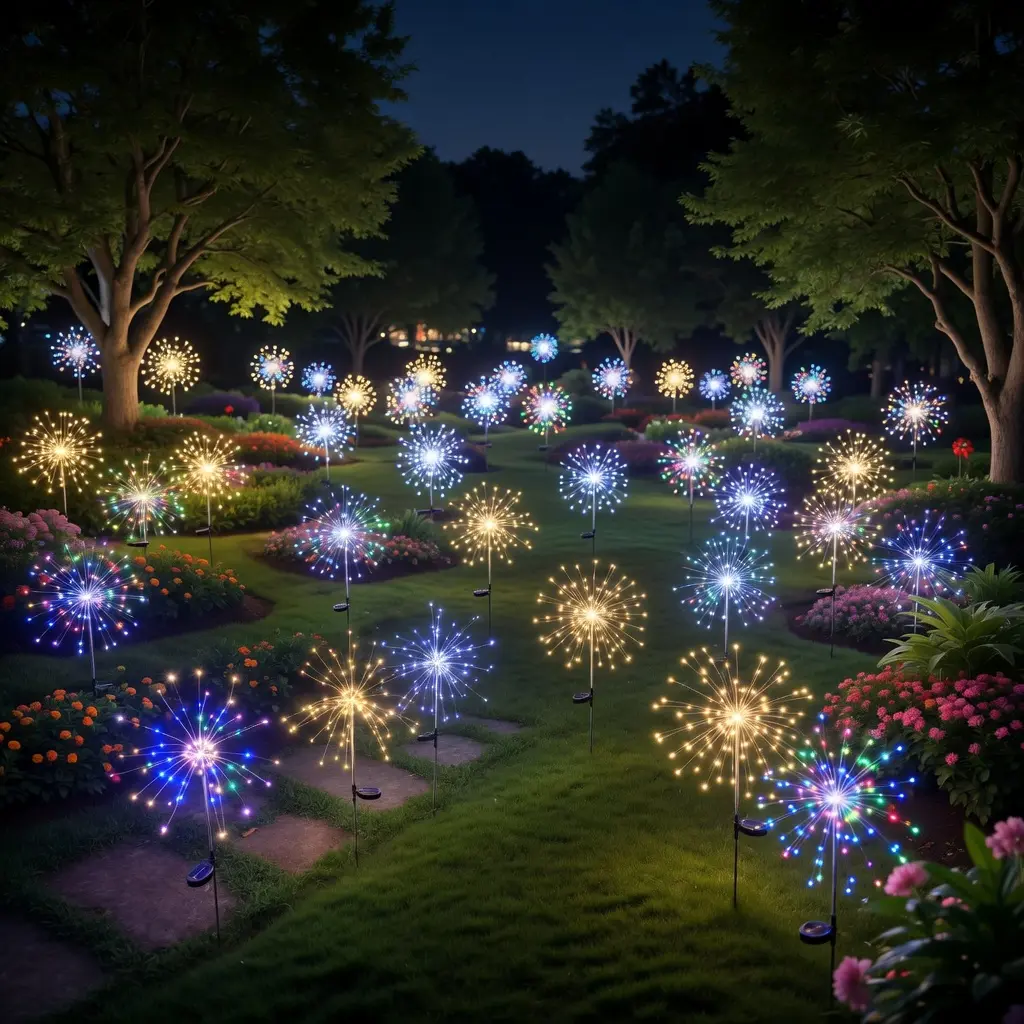 2-Pack Whimsical Solar LED Firework Stake Lights Set, Water-Resistant Dandelion Reed Mood Illumination for Decking, Patio, Garden Lawn Decor