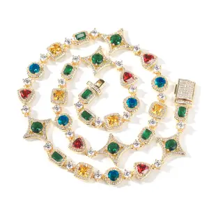 Luxury Colorful Zirconia Necklace Niche Collar Chain Copper Set Zirconia Hip Hop Jewelry Accessories with Multi-Color Stones