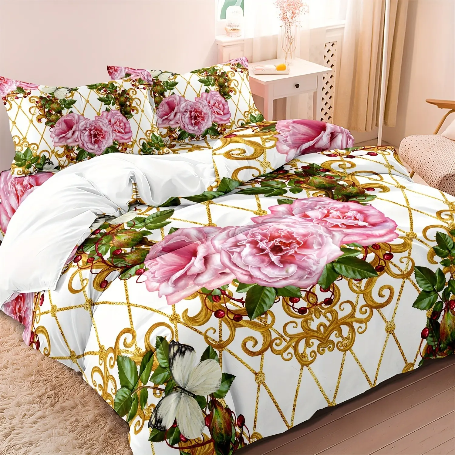 Luxury Baroque Modern Art Bedding Set, Decorative Bedding Set, Soft Breathable Polyester Fabric, Geometric Floral Design, Includes 1 Fitted Sheet + 2 Pillowcases, Bedroom Bedding Set, Bed Sets Supplies