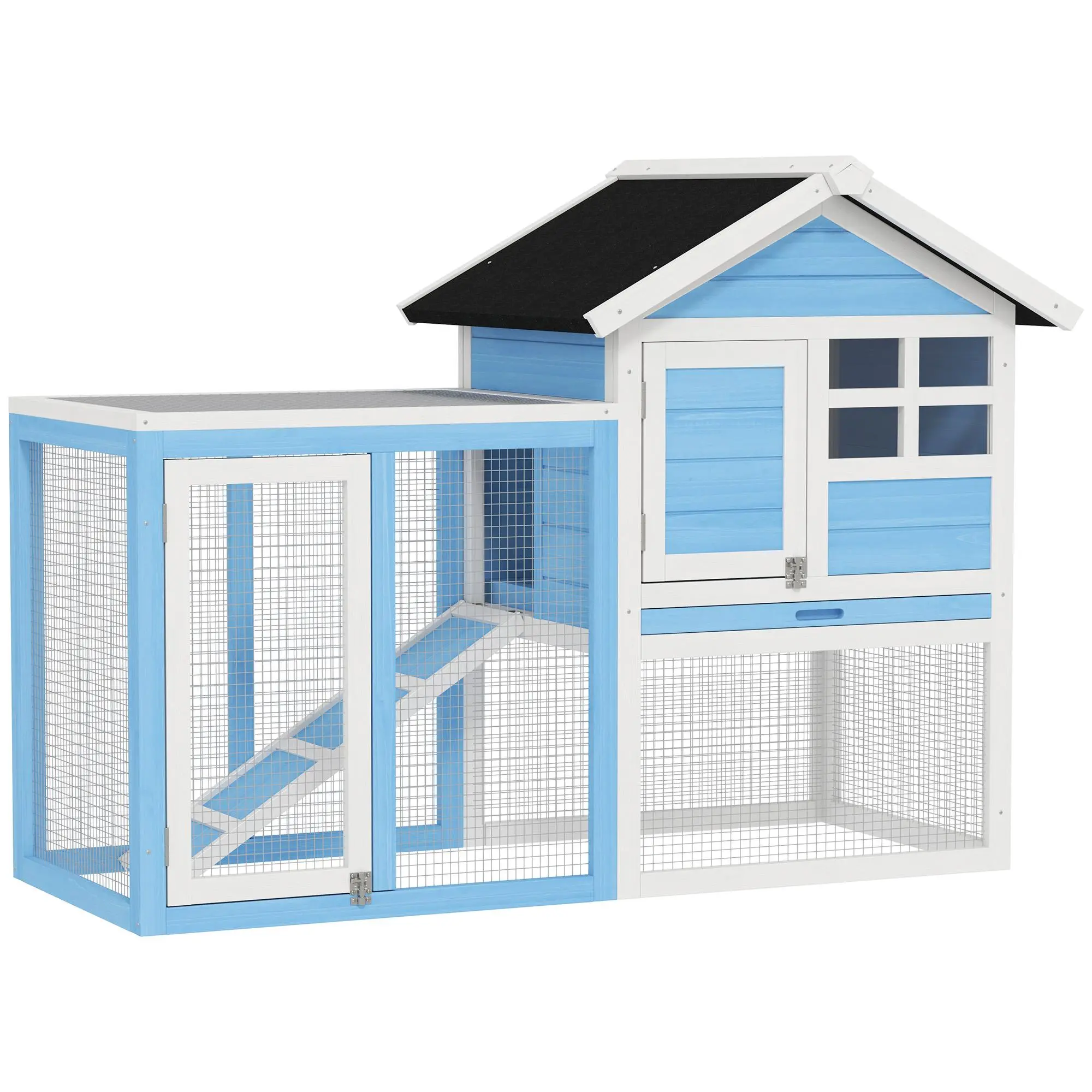 PawHut 48" Wooden Rabbit Hutch Bunny Cage with Waterproof Asphalt Roof, Fun Outdoor Run, Removable Tray and Ramp, Brown