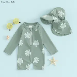 Male infant baby turtle/dinosaur 2-piece  swimsuit - zipper long sleeved UV sunscreen, paired with neck mask sun hat (0-3T)
