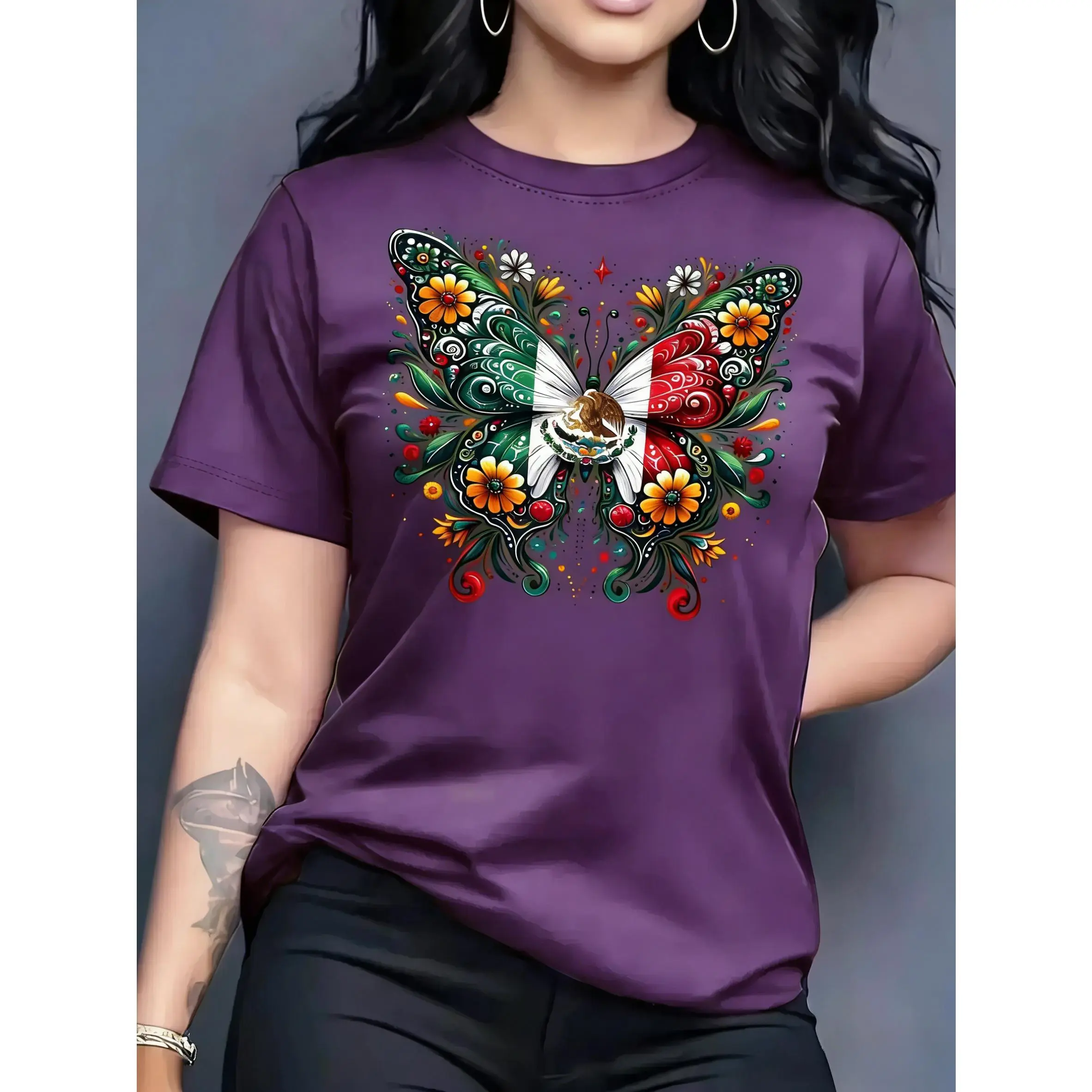 Women's 100% Smooth Cotton Oversized Butterfly Graphic T-Shirt - Casual Boat Neck Asymmetrical Side Seamless Basic Top, Machine Washable New Year Short Sleeve Classic True Size Fit All-Season Womenswear
