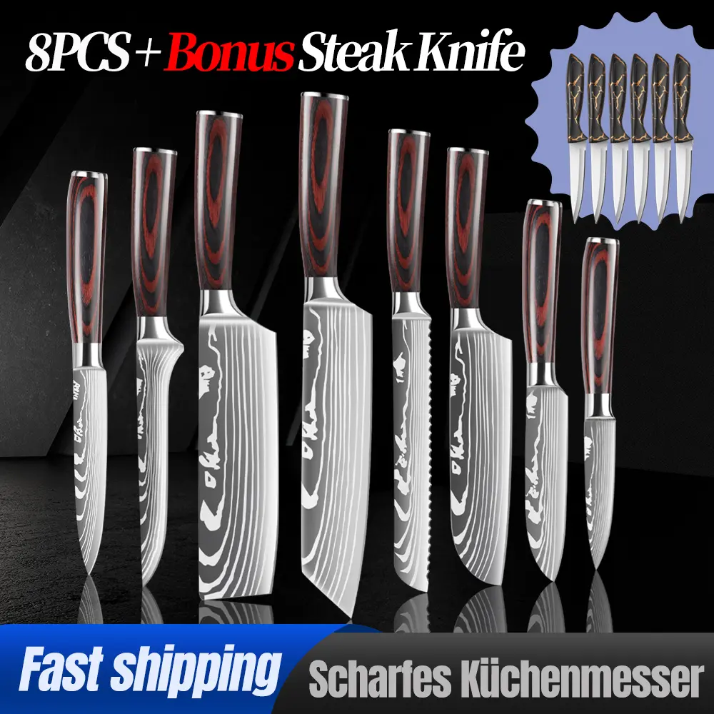 8Pcs Japanese Damascus Pattern Stainless Steel Kitchen Knife Set with Wooden Handle, Cleaver, Knife Block, Professional Cooking Gift, Chef Knives, Kitchenware Knives Set
