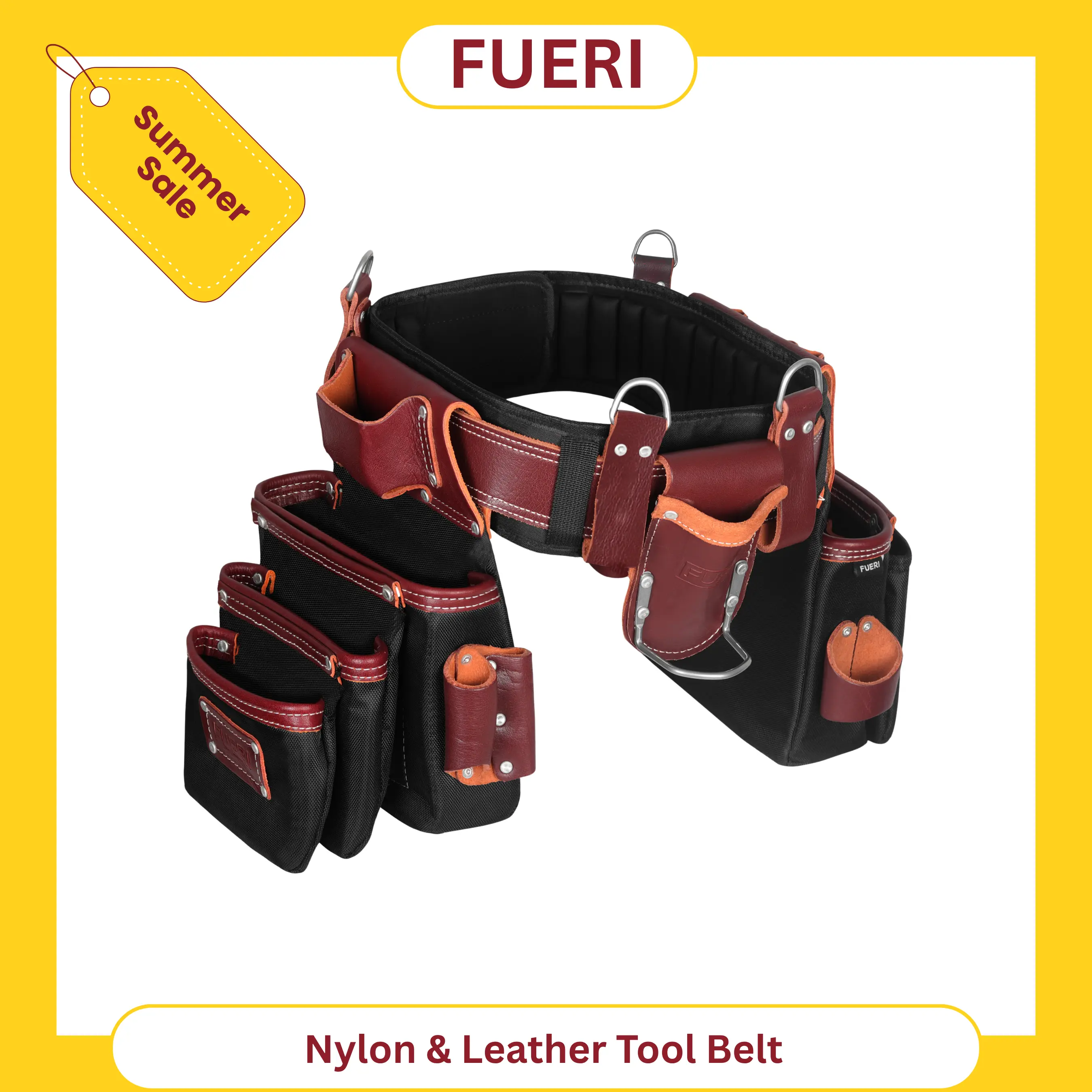 FUERI Men's Heavy-Duty Nylon & Leather Tool Belt - 26-Pocket Maroon & Black Pouch with Comfort Padded Belt, Spacious Organizer, Hammer Holder, Suspender Loops for Carpenters, Construction Workers, Tool Pouch, Tool Bag Organizer