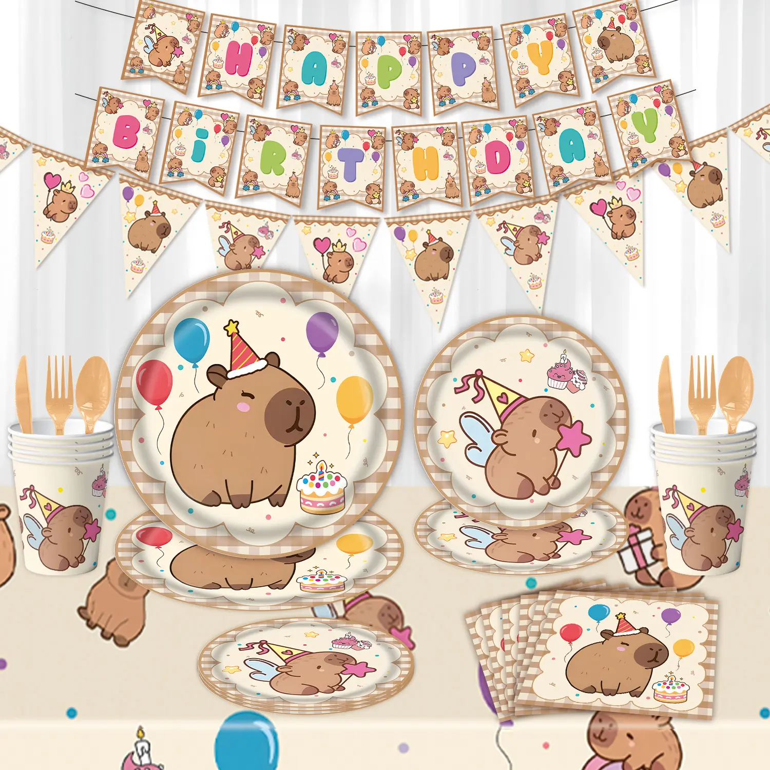 Capybara Full Party Decoration Set - Non-Toxic Disposable Tableware, Napkins, Happy Birthday Banner, Balloon Backdrop Home Supplies for Birthday Gifts, Festive Celebrations