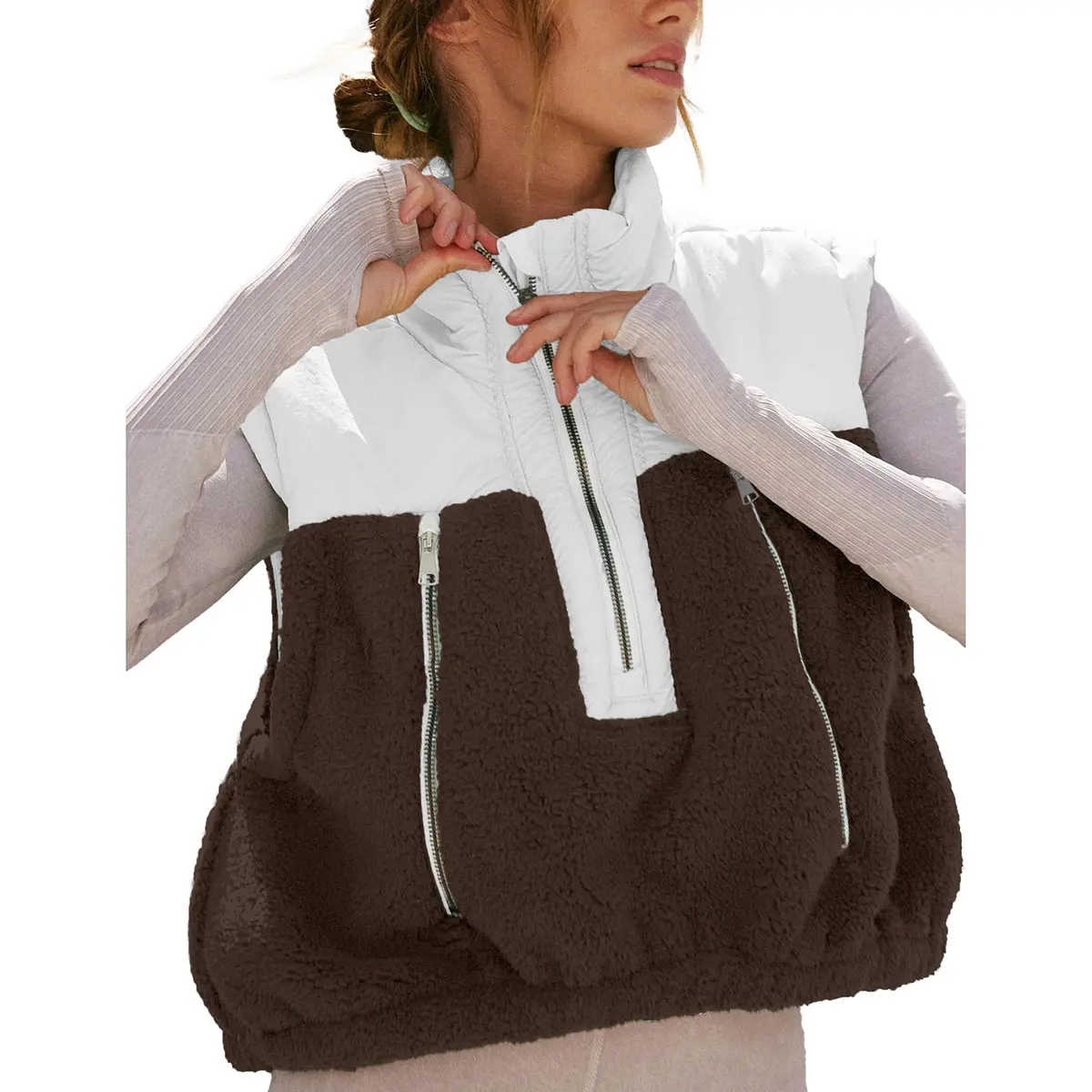 UANEO Fleece Vests for Women Half Zip Up Sleeveless Quilted Jacket Crop Puffer Vest Lightweight Padded Coat Outwear