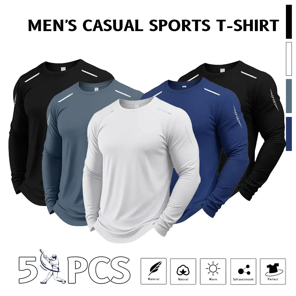 Men’s lightweight crewneck T-shirt set of 5 – available in multiple colors; suitable for everyday wear, casual outings, and work environments; men’s sports-casual top made from knit fabric, pullover design.