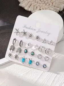 Boho Style Turquoise Texture & Starfish & Sea Life Design Stud Earrings, Beachy Earrings, Fashion Jewelry for Party, Daily  Decor, Trendy All-match & Exquisite Jewelry for Gift, Studs Earrings, Earring Stacking Set
