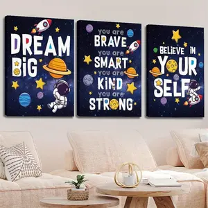 3pcs/set frameless outer space room decoration featuring astronaut wall art, Canvas Prints, Modern Home Decor, space-themed wall decor, planets, cosmic theme, Space Theme Design, astronaut and inspiration
