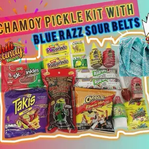 Chamoy Pickle Kit & Hot Cheetos & Takis with Blue Razz Sour Belts Variety Snack Pack Candy Kit