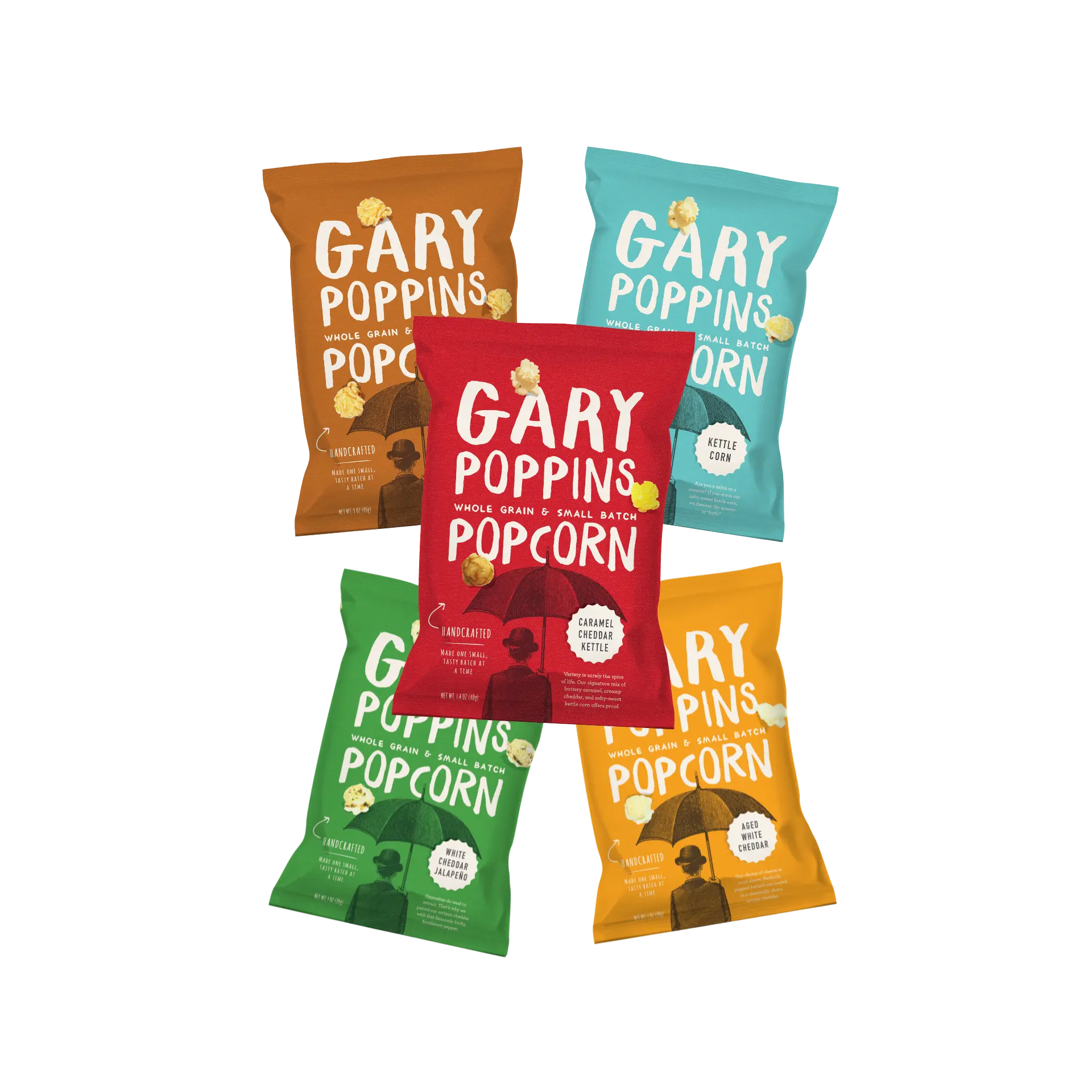 Gary Poppins Popcorn Collection Crunchy Caramel Cheddar Kettle Corn Snack 3 Flavor Variety Pack 1.4oz Each Whole Grain Non-GMO Made Fresh Daily