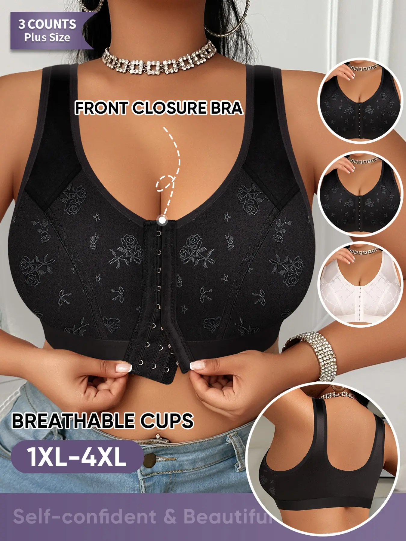 Morelect 3-Pack Plus Size Front Buckle Bra, Floral Bow Design, 1xl-4xl, Easy Wear, Breathable, Comfortable Backless Lingerie