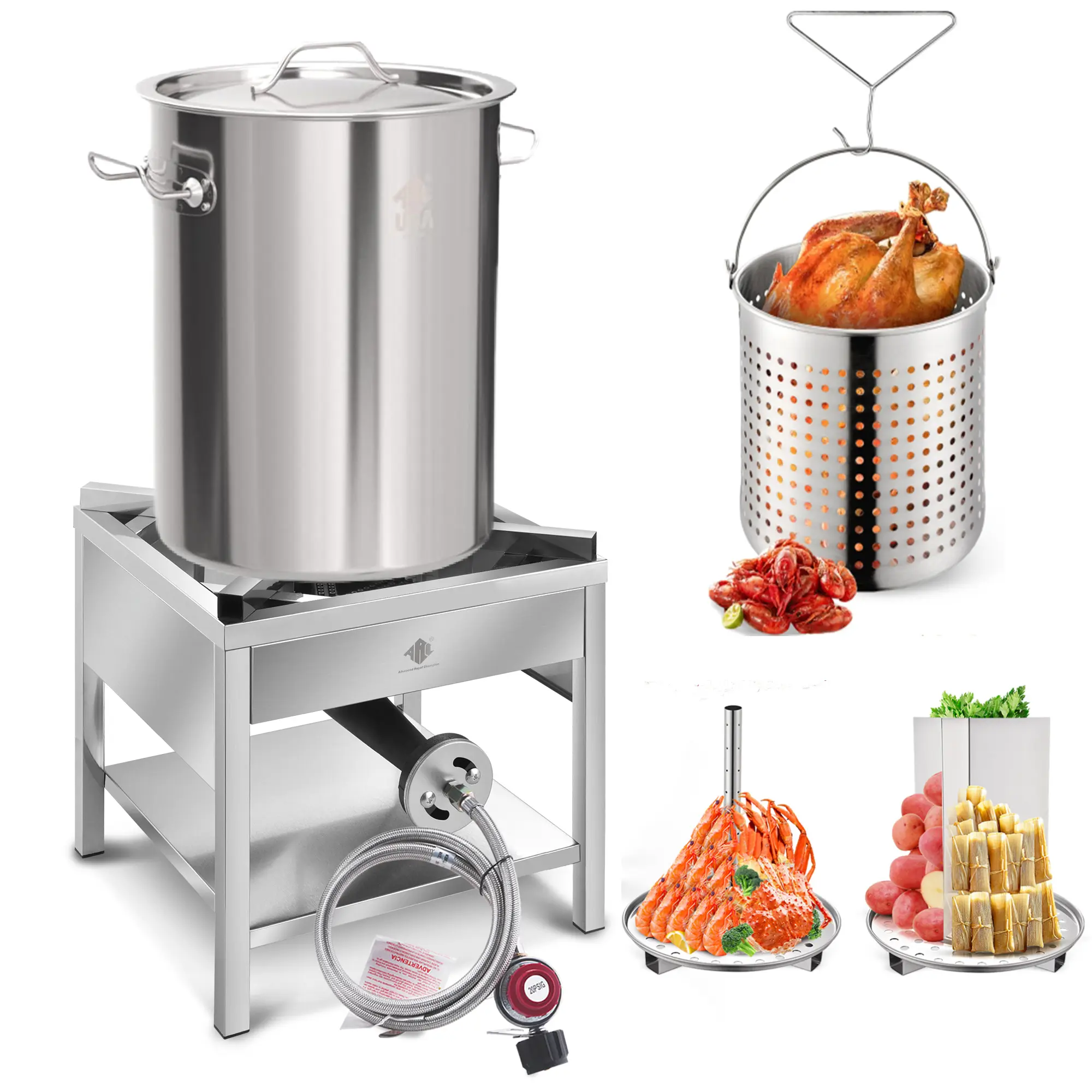 ARC 32QT Stainless Steel Pot with 200,000 BTU Propane Burner - Seafood Boil Pot, Crab Boil Pot, Lobster Pot, Shrimp Boil Pot, Tamale Steamer Pot with Basket and Turkey Fryer Burner