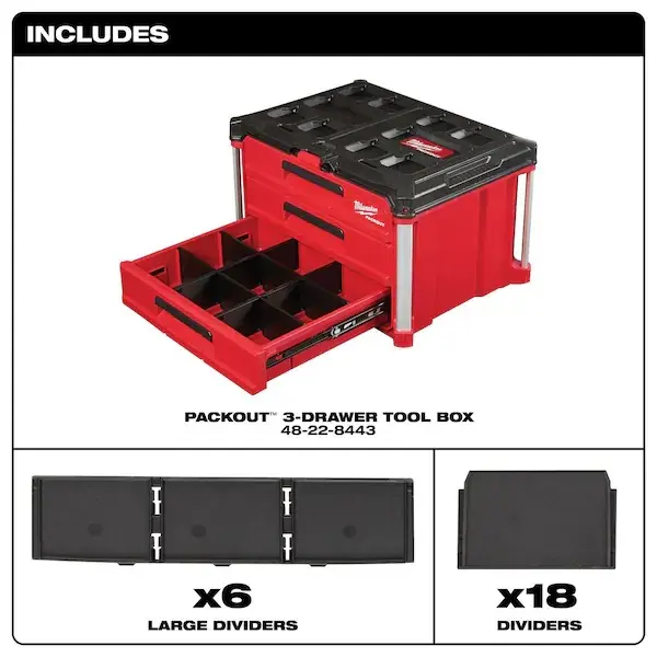 PACKOUT 3-Drawer Tool Box, Polymer, Black/Red, 22-1/4 in W x 16-1/4 in D x 14-1/4 in H
