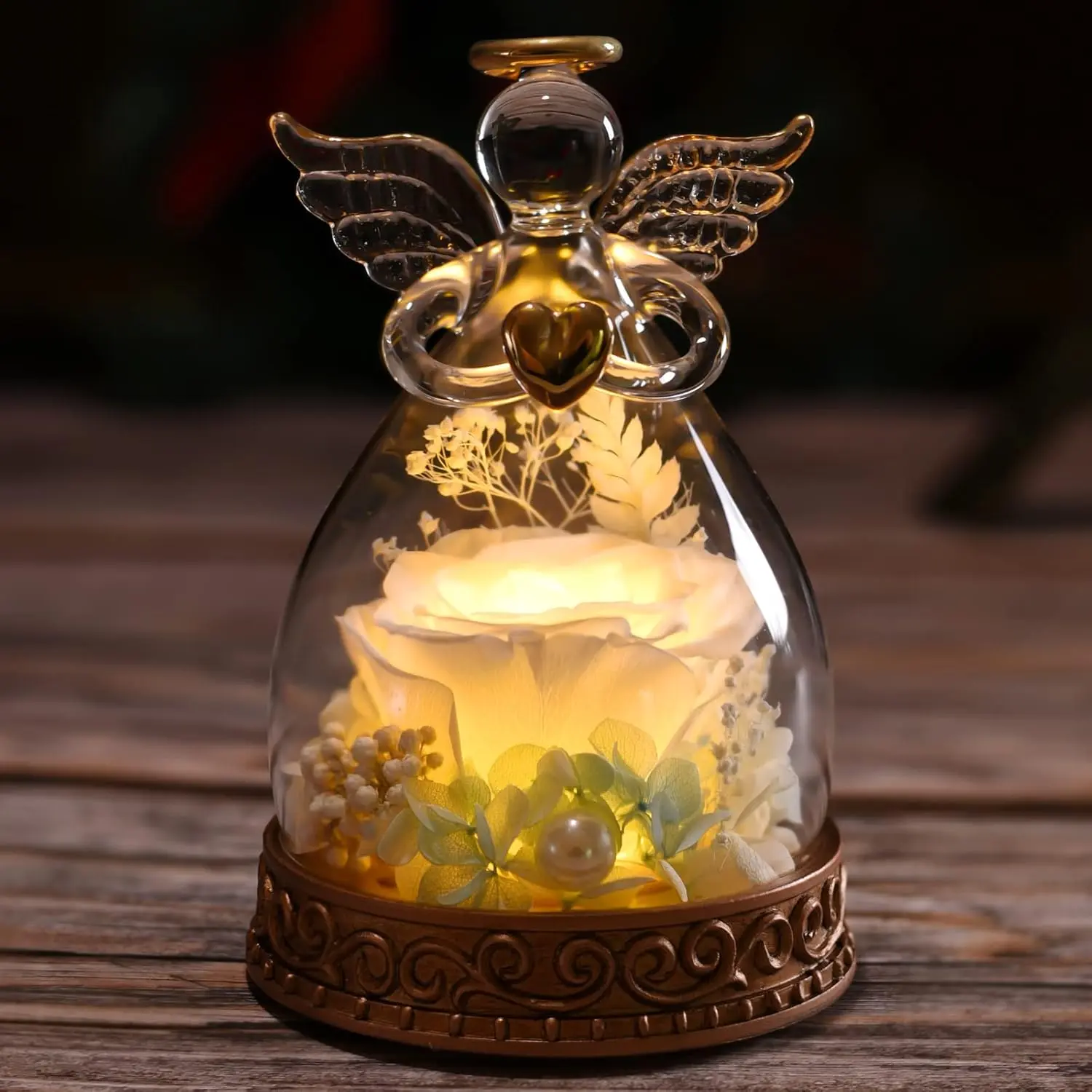 Angel Gifts for Women, Mom, Grandma, Preserved Real Rose in Glass Angel Figurine with LED Light, Rose Gifts on Mother's Day, Christmas, Birthday, Valentine's Day (White)